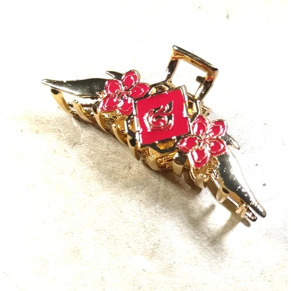 Hair Barrette Clip Claw Red Gold Tone Asian Design